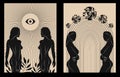 Boho mystical vector posters with sun, planets and women.